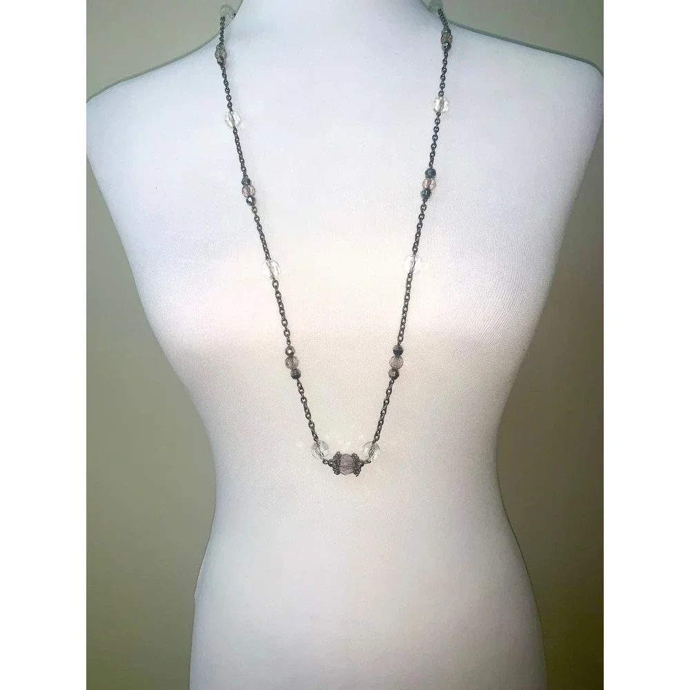 New York & Company Silver Tone Antique Style Glass Bead Station Necklace